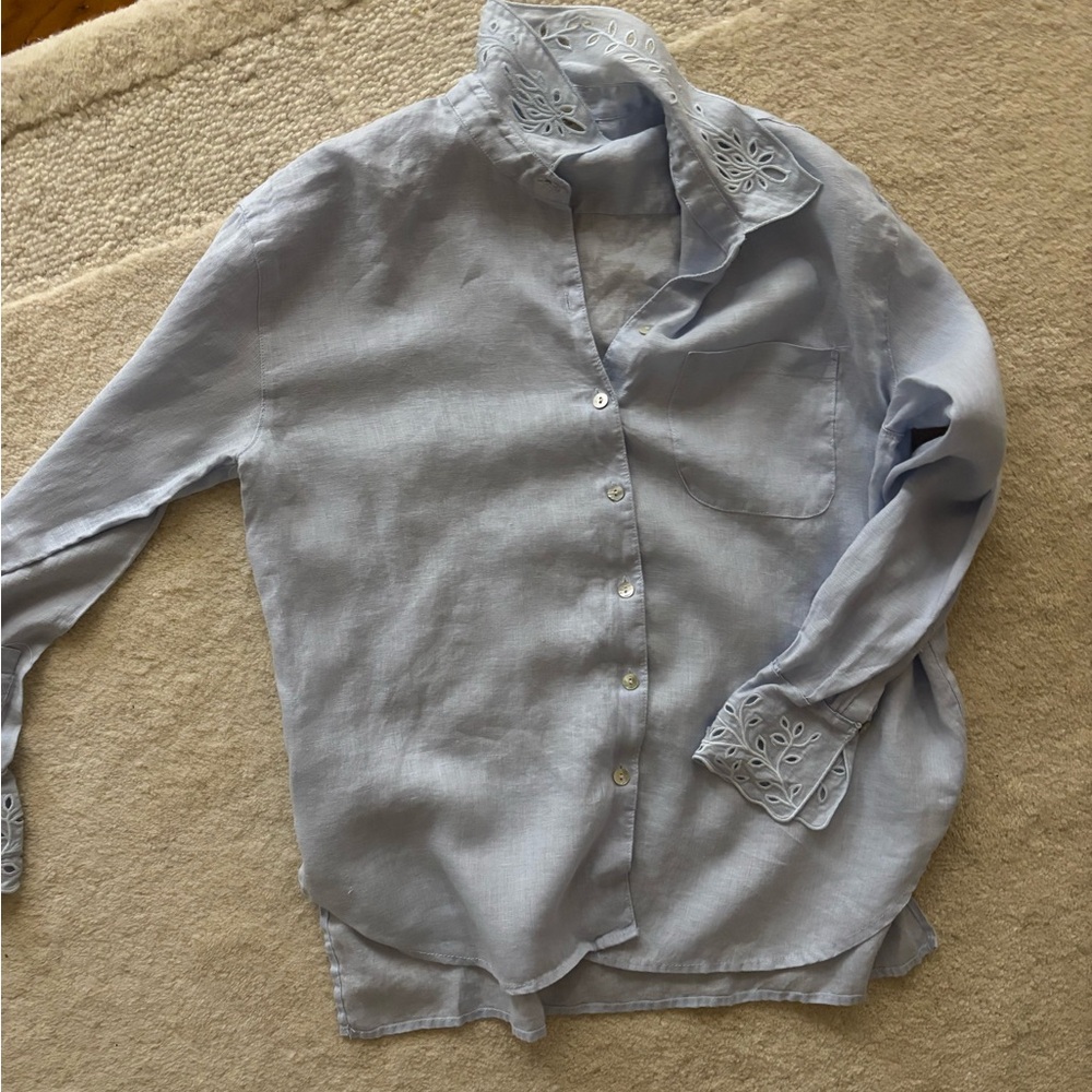 Light Blue linen Button-Up Shirt with Lace Details
